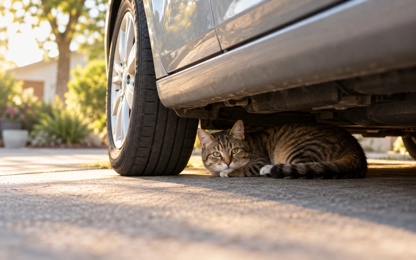 A tabby cat curled beneath a parked car in a driveway in warm early-morning light.